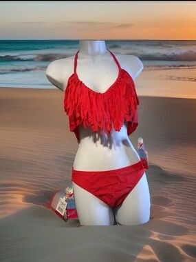 Capri Red Fringe Halter Bikini Top and Bottom Size Medium #194